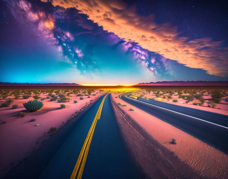 Desert highway at twilight under starry sky