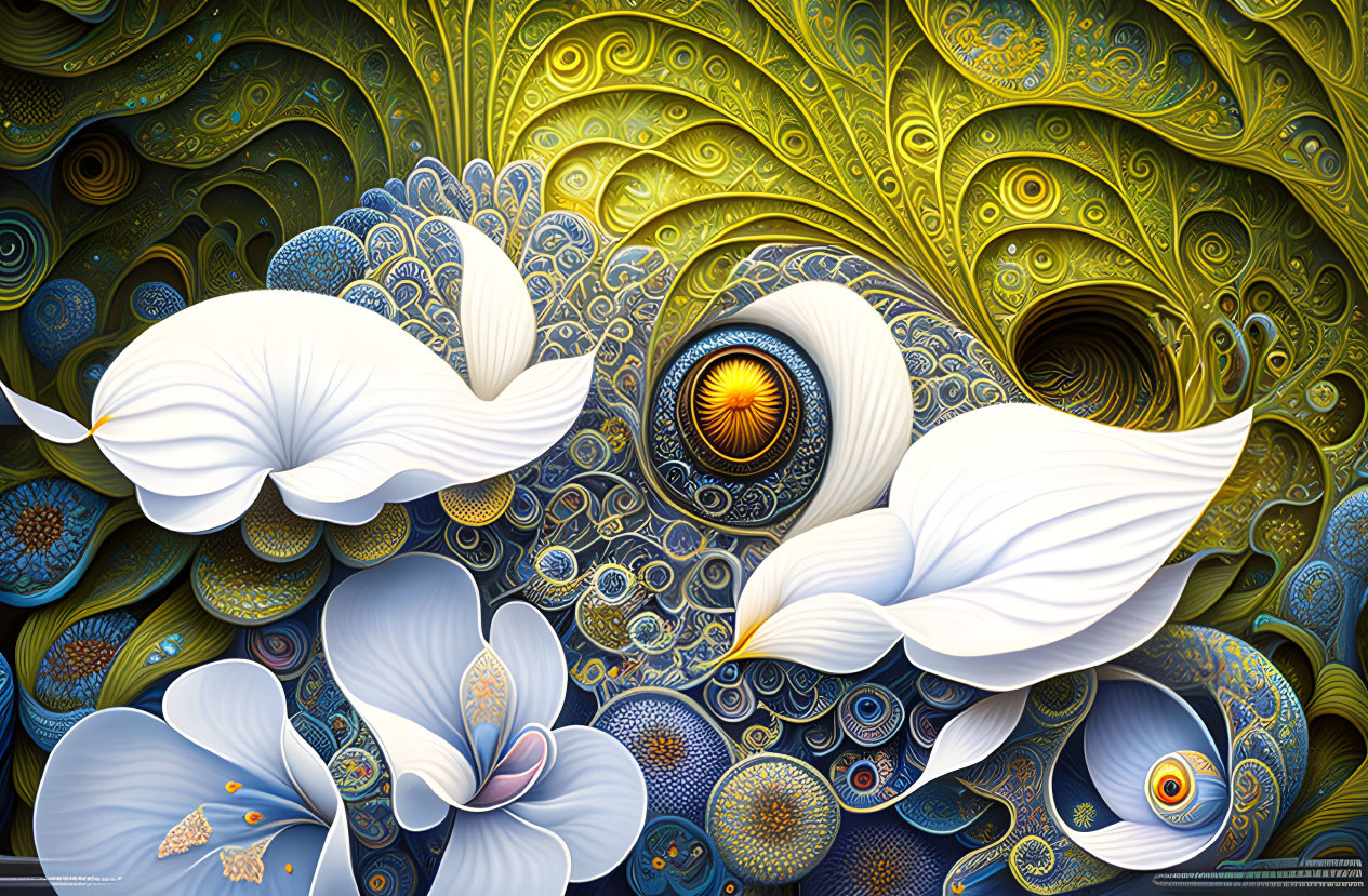 Fractal digital art: intricate blue and gold patterns with stylized flowers