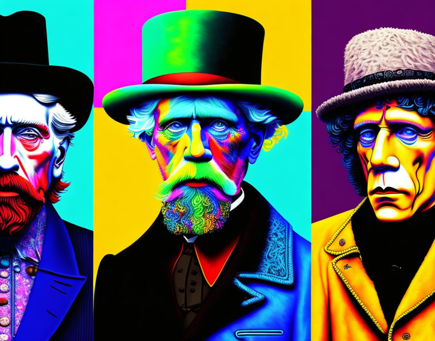 Vibrant stylized portraits of men in historical clothing