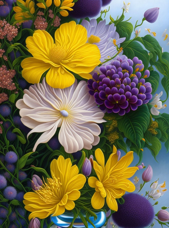 Colorful Floral Painting with Yellow and Purple Flowers, Green Leaves, and Blue Spheres