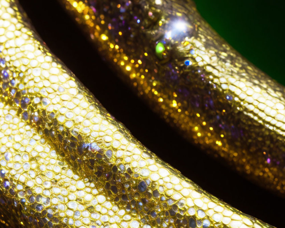 Shiny golden textured surface with sparkling reflections on dark green background