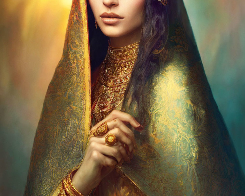 Woman in ornate golden veil and traditional jewelry gazes intently