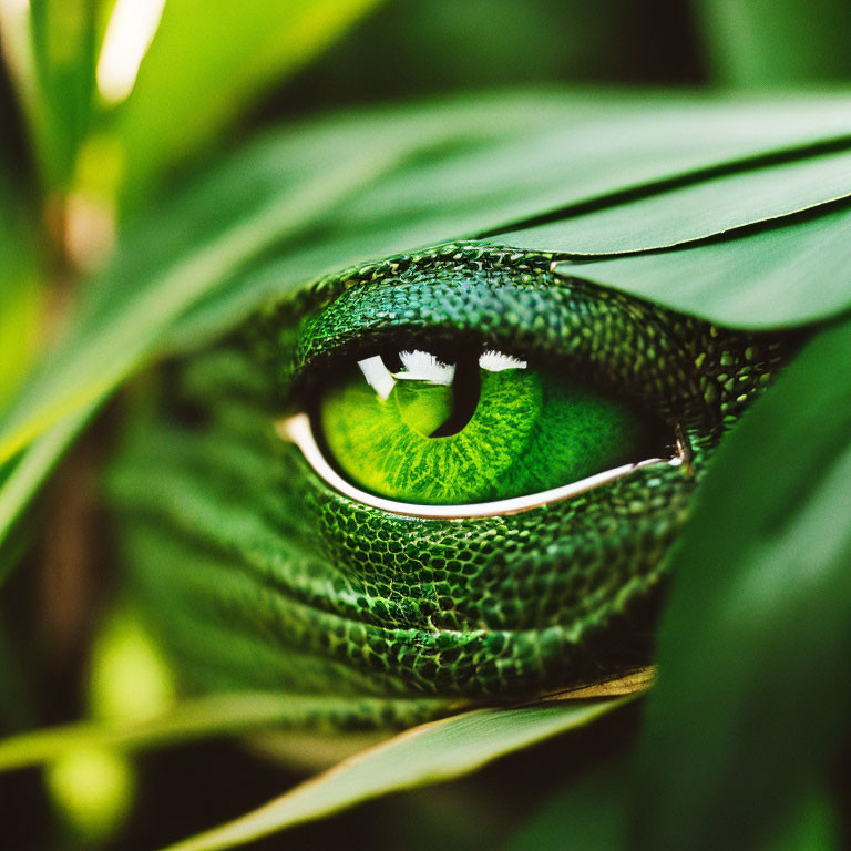 Vivid Green Reptilian Eye Among Lush Leaves