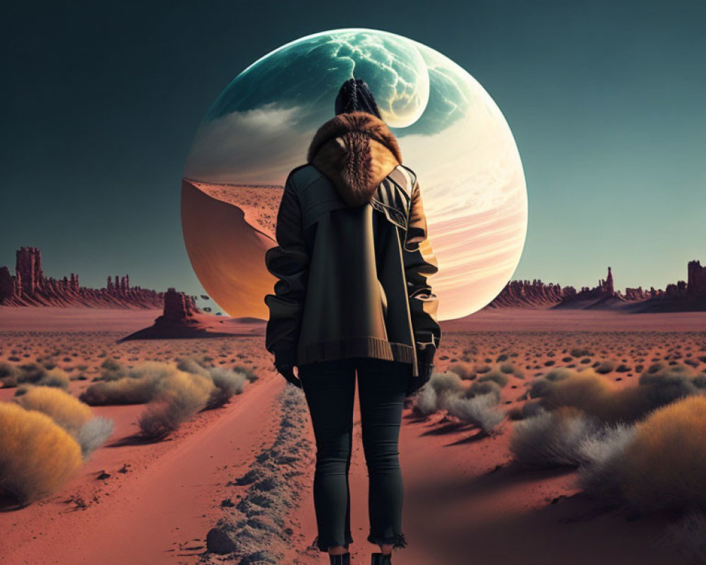 Person standing on dusty path in desert landscape with large planet in sky