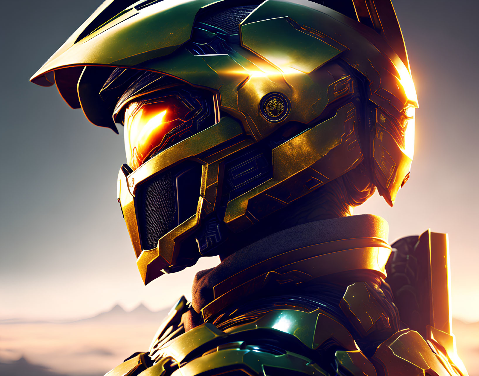 Futuristic soldier in advanced armor with glowing visor at sunrise