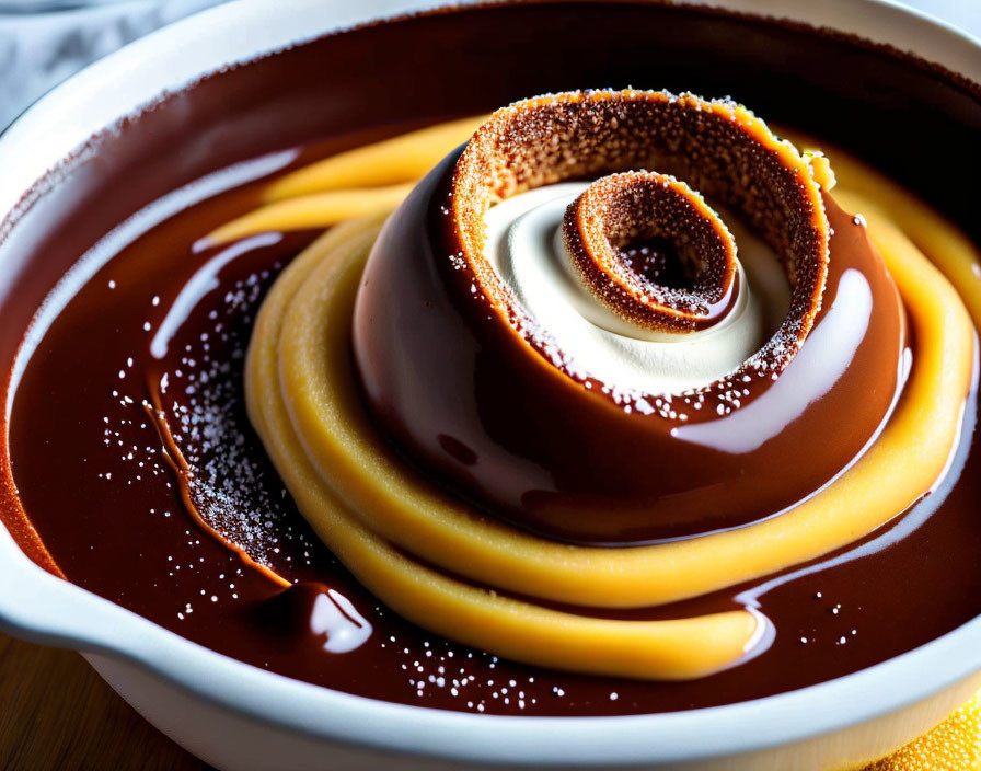 Creamy Caramel Flan with Dark Caramel Sauce and White Powder Dusting