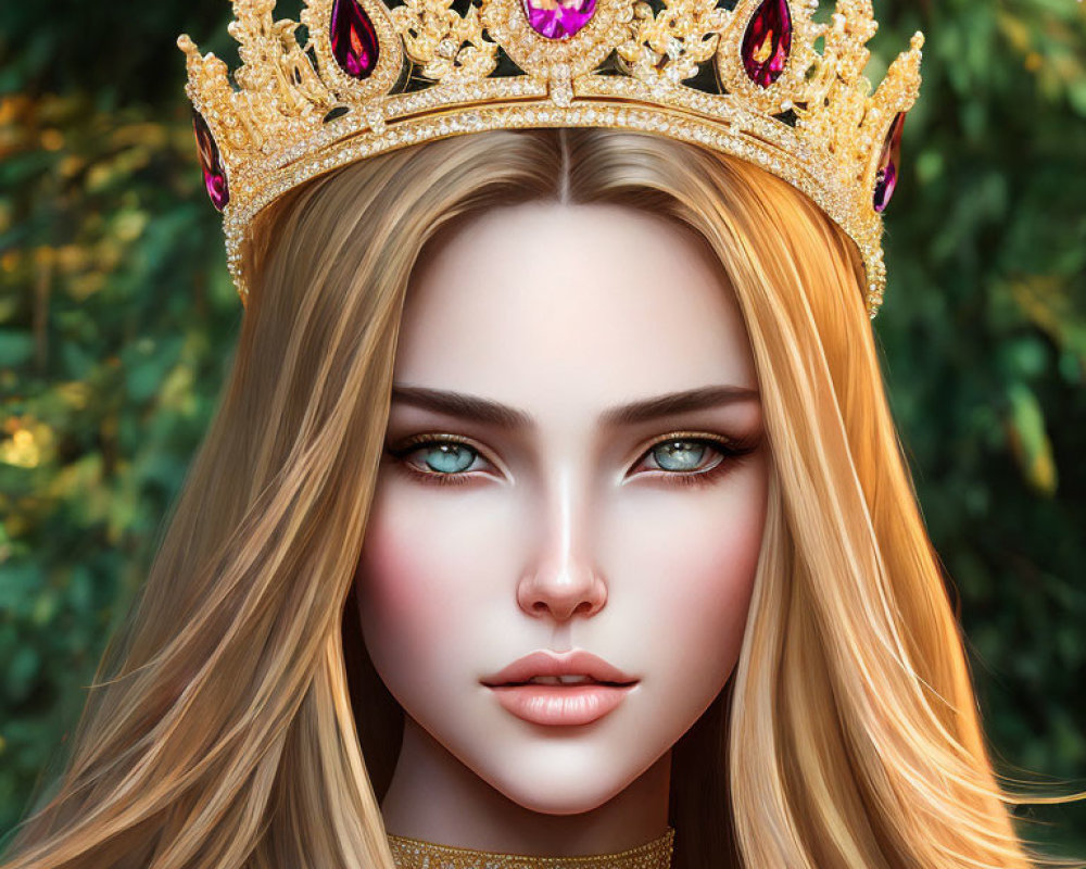 Digital artwork woman with green eyes, blonde hair, gold crown