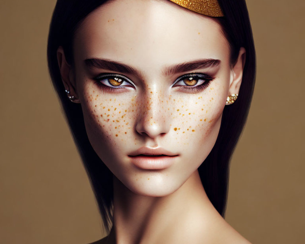 Portrait of Woman with Freckles and Striking Brown Eyes in Golden Headpiece on Beige Background