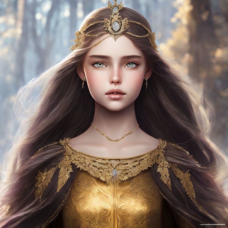 Digital art portrait of young woman with dark hair, blue eyes, golden crown, and regal attire