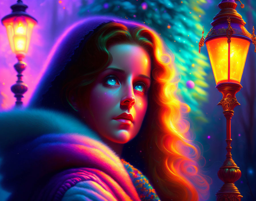 Contemplative woman portrait with glowing wavy hair under colorful lantern light