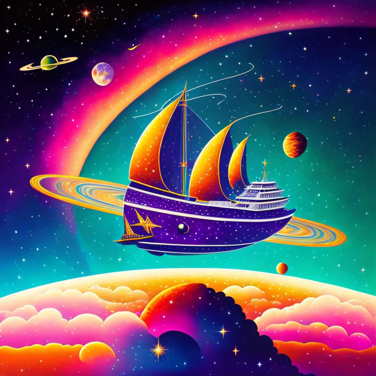 Colorful sailboat with spaceship features in cosmic landscape