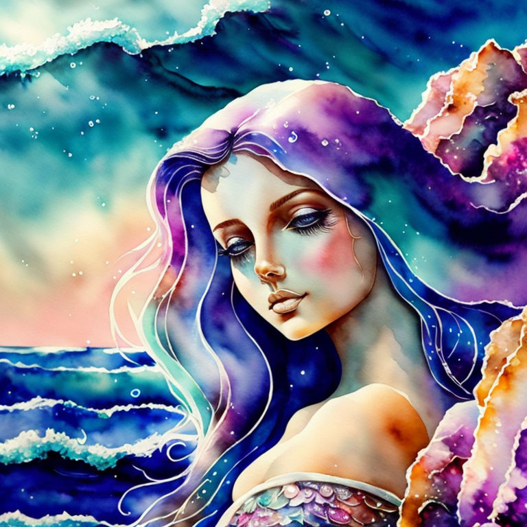 Vibrant Watercolor Mermaid with Purple Hair and Serene Expression