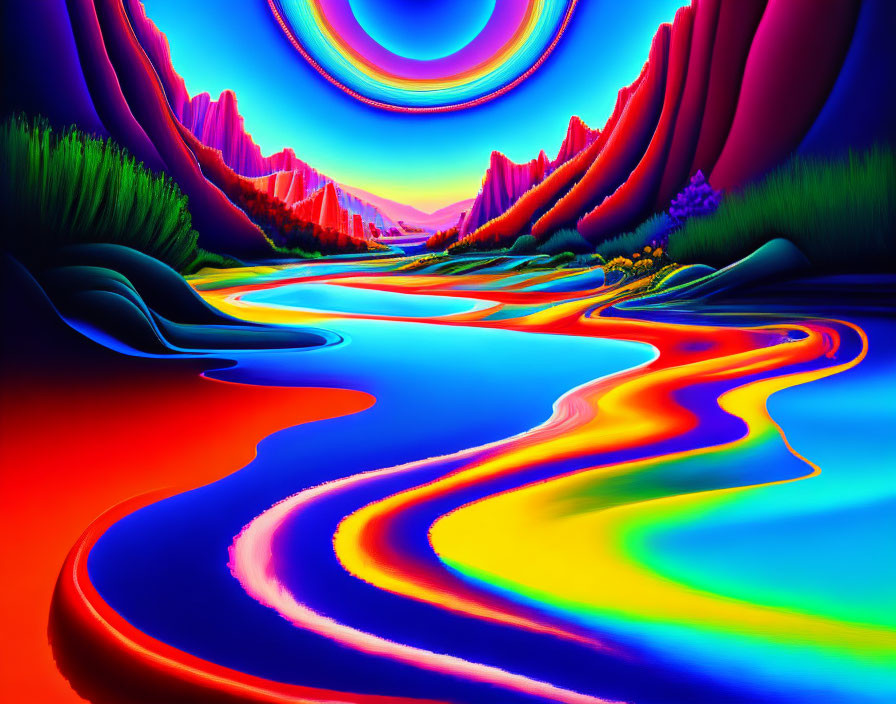 Colorful Psychedelic Landscape with Neon River and Glowing Mountains