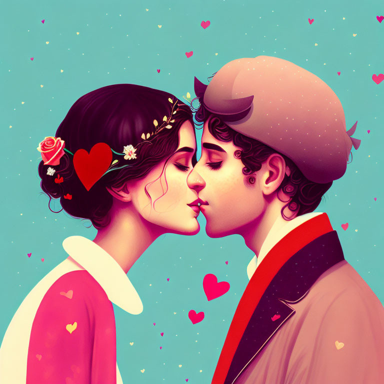 Romantic couple kissing surrounded by hearts and wearing floral headband and beret