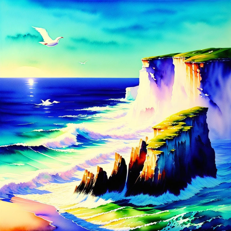 Colorful Surreal Painting of Dramatic Seaside Cliffs and Waves