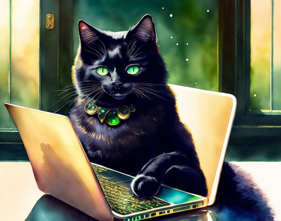 Black Cat with Green Eyes and Bejeweled Collar by Laptop in Sunlight