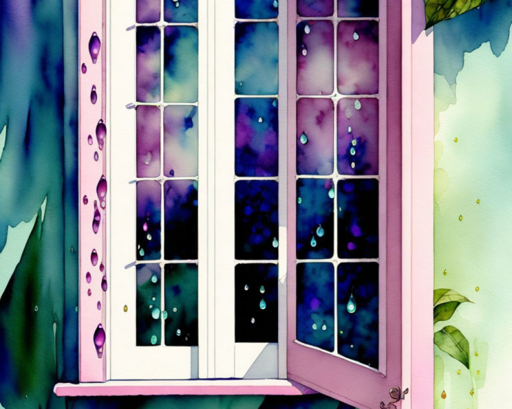 Watercolor painting: Open window with purple shutters, raindrops, green leaves, starry night