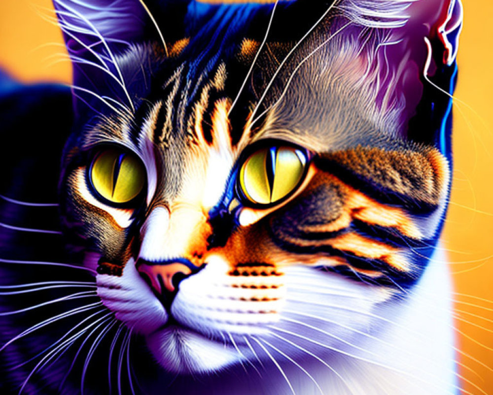 Colorful Cat Portrait with Yellow Eyes and Multicolored Fur