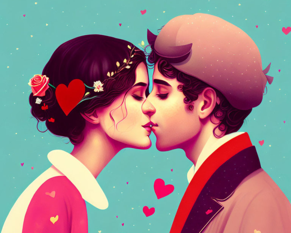 Romantic couple kissing surrounded by hearts and wearing floral headband and beret