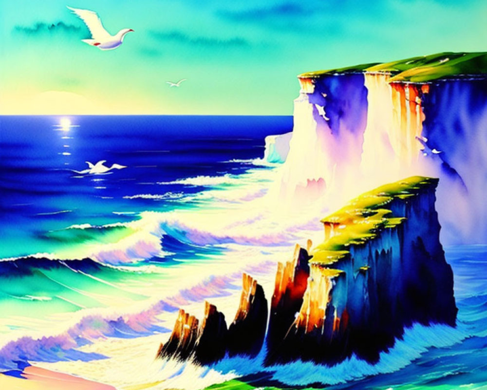 Colorful Surreal Painting of Dramatic Seaside Cliffs and Waves