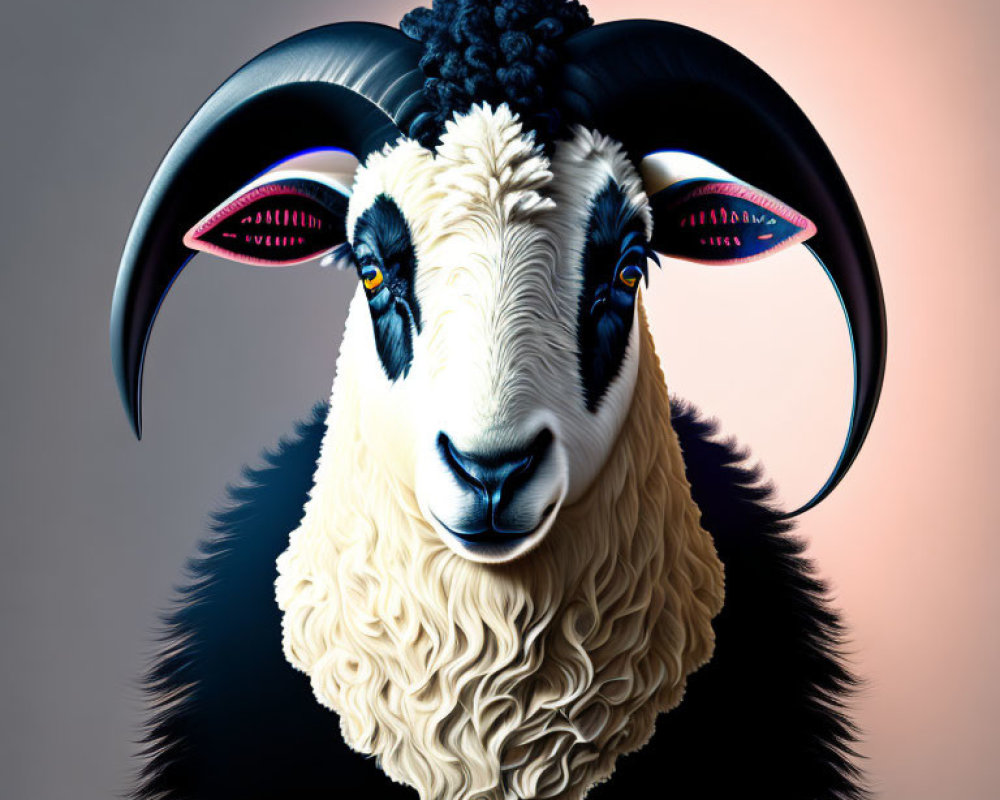 Digital artwork of ram with curved horns, pink eyelids, black fleece, and white curly fleece.