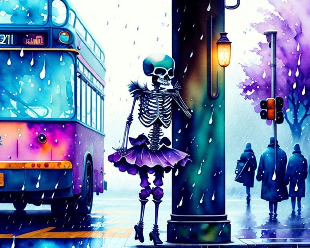 Skeleton in Purple Tutu Waits at Snowy Bus Stop with Pedestrians, Vintage Bus,