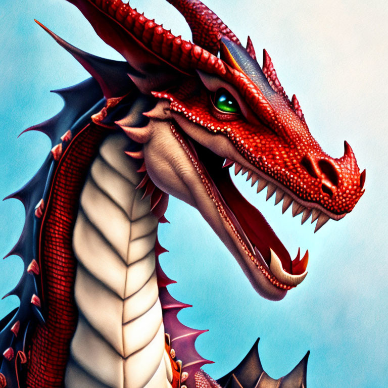 Detailed Illustration: Red Dragon with Green Eyes, Sharp Horns, and Red-to-White Transition