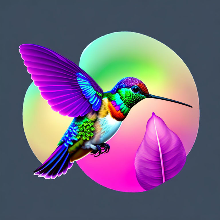 Colorful digital illustration of iridescent hummingbird in flight with purple leaf on soft-focus background