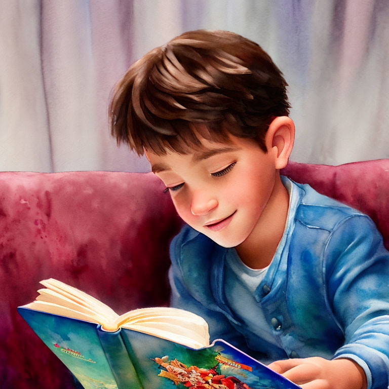 Child with brown hair reading colorful book on red couch wearing blue shirt