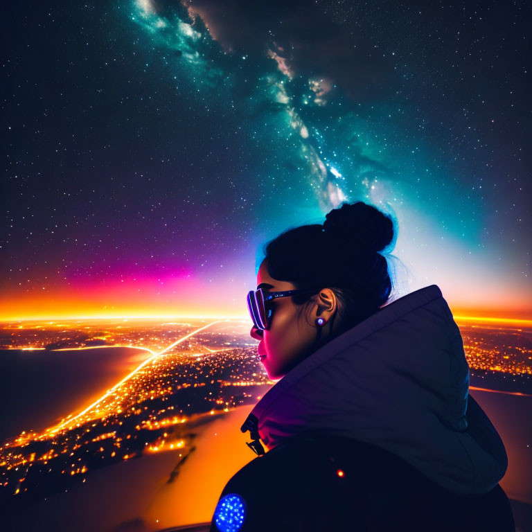 Person admiring Milky Way over vibrant cityscape at night