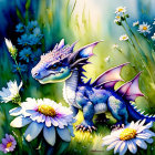 Vibrant young dragon amidst colorful daisies and greenery