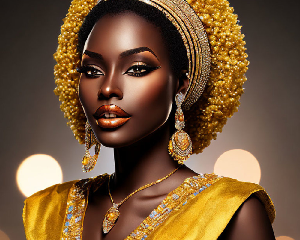 Dark-skinned woman in golden traditional attire with dramatic makeup on warm bokeh background