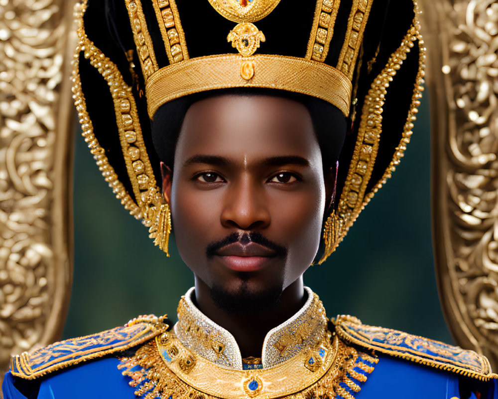 Regal man in gold-trimmed blue military uniform