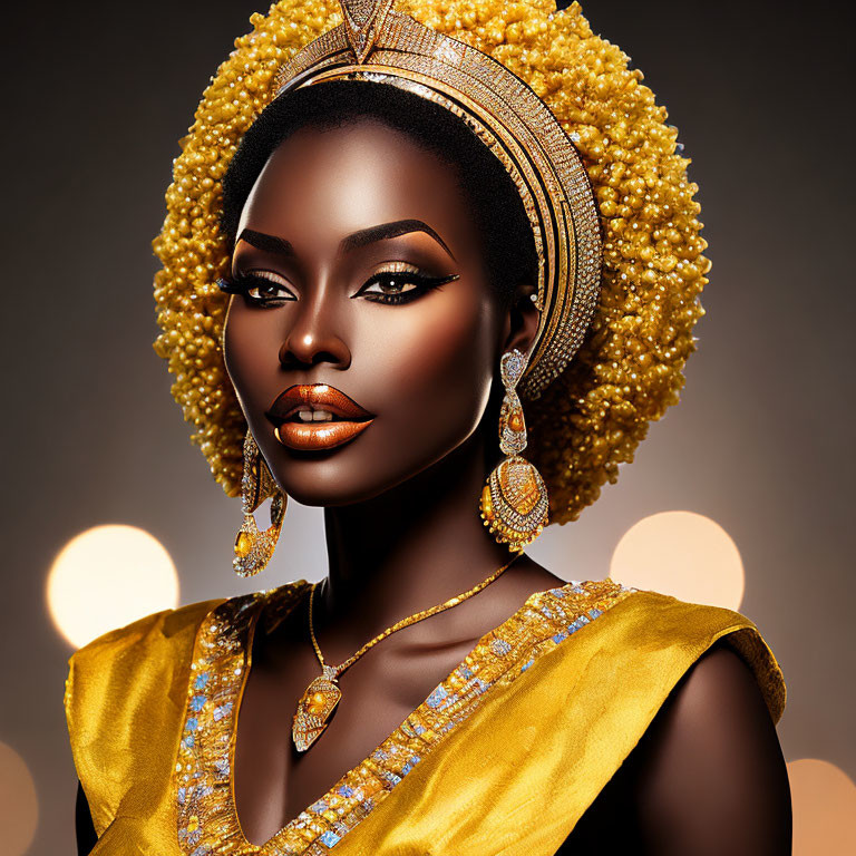 Dark-skinned woman in golden traditional attire with dramatic makeup on warm bokeh background