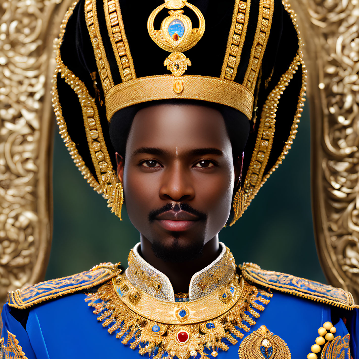 Regal man in gold-trimmed blue military uniform