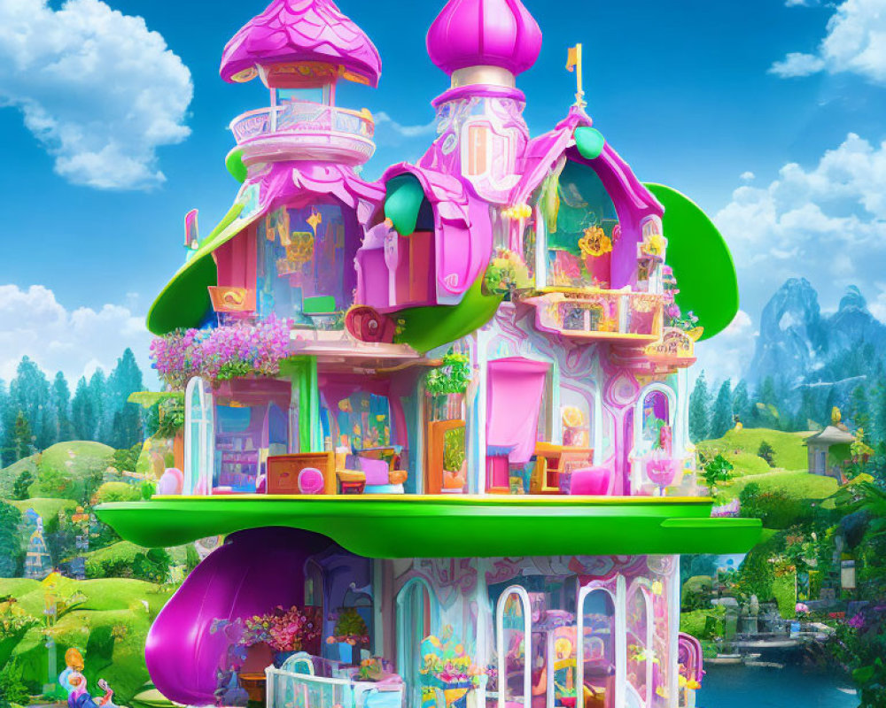 Colorful fantasy-style castle with pink towers and vibrant greenery in picturesque landscape