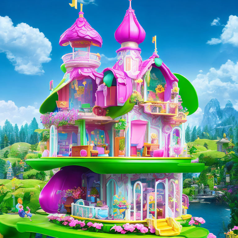 Colorful fantasy-style castle with pink towers and vibrant greenery in picturesque landscape