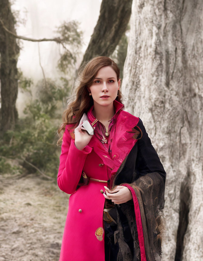 Woman in Pink Coat and Lace Scarf Standing in Misty Forest