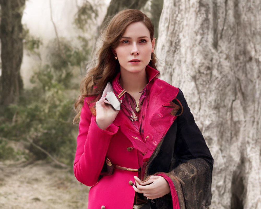 Woman in Pink Coat and Lace Scarf Standing in Misty Forest