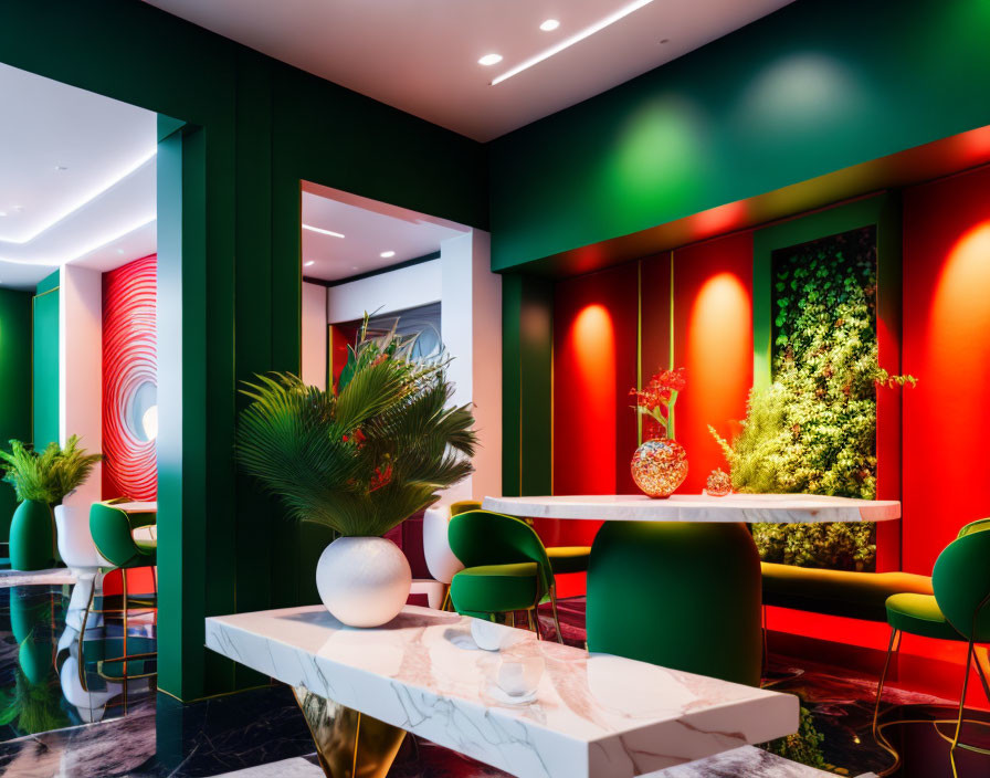 Eclectic Interior with Red and Green Walls, Modern Chairs, and Abstract Art