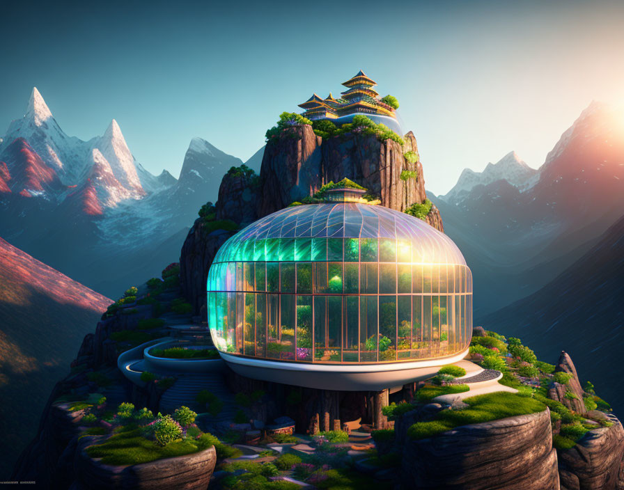 Futuristic dome greenhouse on mountain island with traditional pagoda amid snow-capped peaks at sunrise or