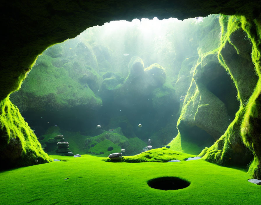 Lush green cave with sunlight filtering through, illuminating vibrant moss and rocks.