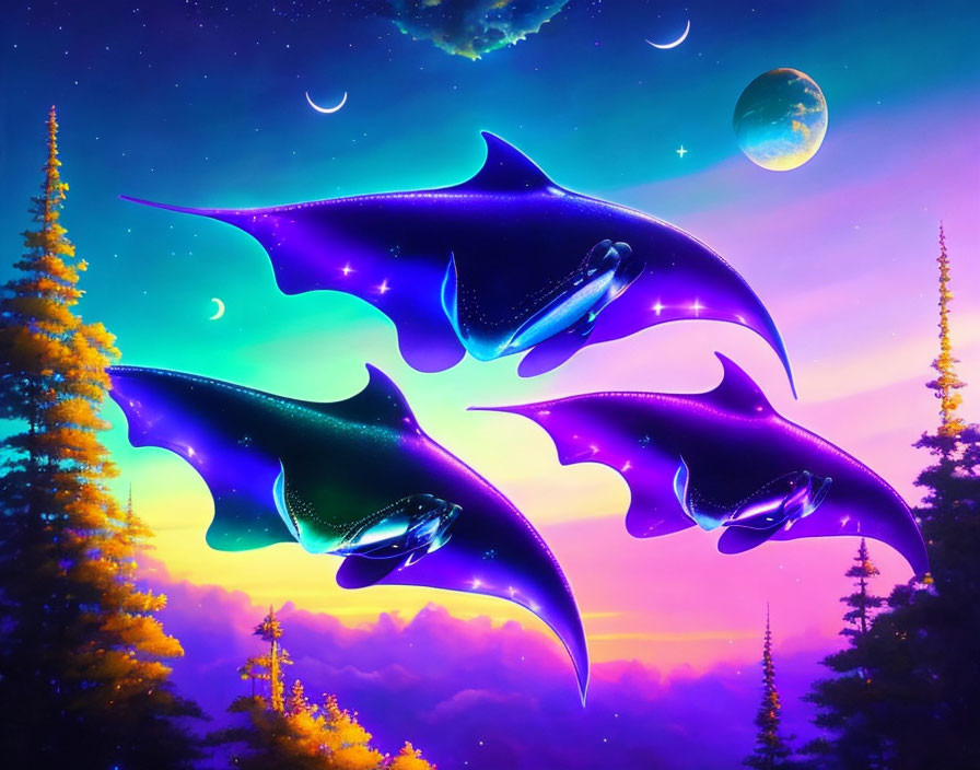 Colorful digital art: Four stingray-like creatures in starry sky with moons, planet, and