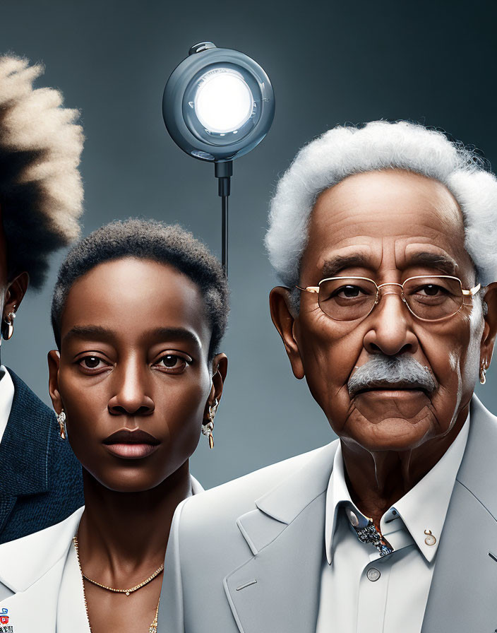 Two people with large afros in front of dark background and overhead light