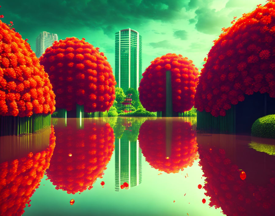 Surreal crimson foliage landscape with futuristic skyscrapers