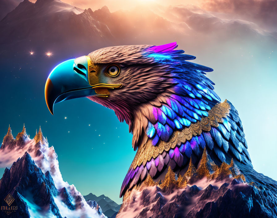 Colorful Eagle with Rainbow Feathers in Mountain Sunset Scene