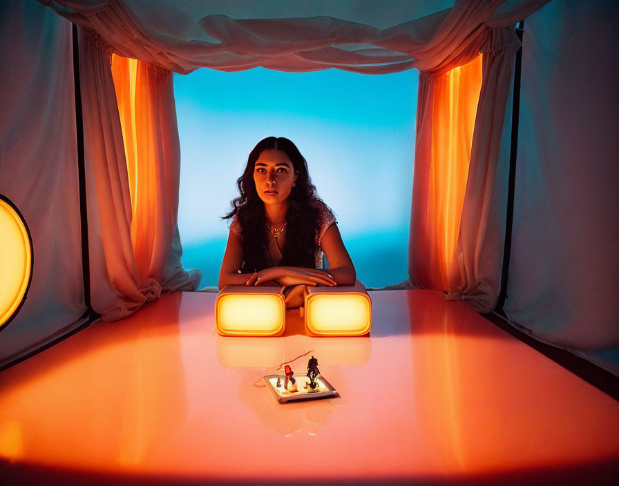 Woman sitting at small table under warm lamps against blue backdrop, gazing forward.