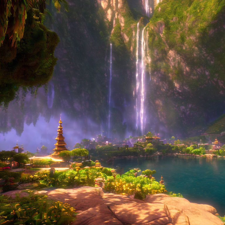 Tranquil fantasy landscape with pagoda, waterfalls, and blue lake