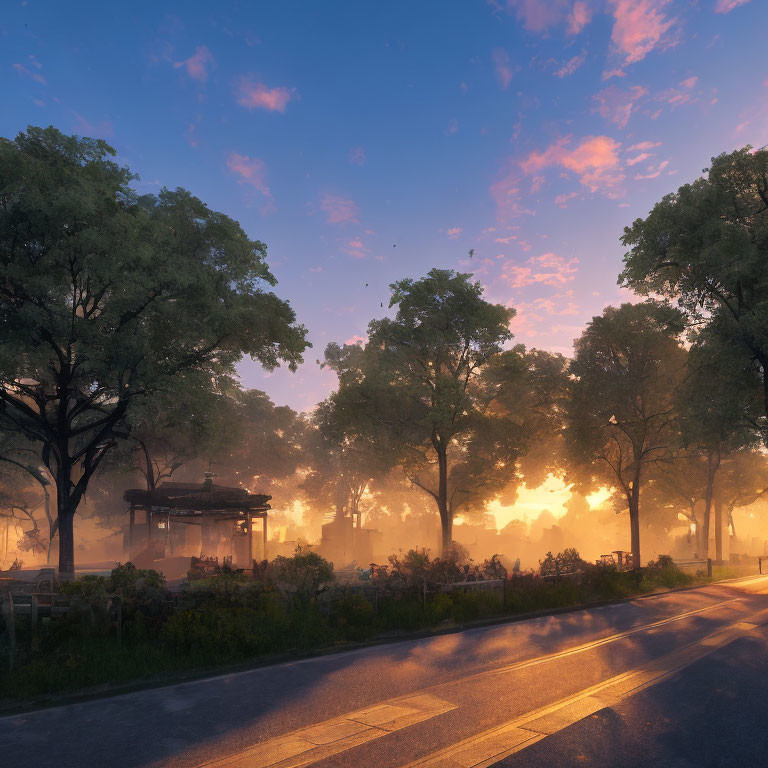 Tranquil Sunset Park Scene with Sunlight Rays, Misty Path, Gazebo, and