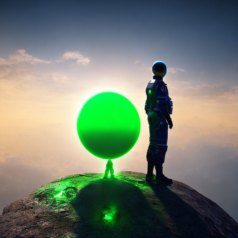 Astronaut beside glowing green orb on rocky peak with dramatic sky